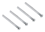 Four chrome-plated threaded screws with rounded heads arranged in ascending height order.