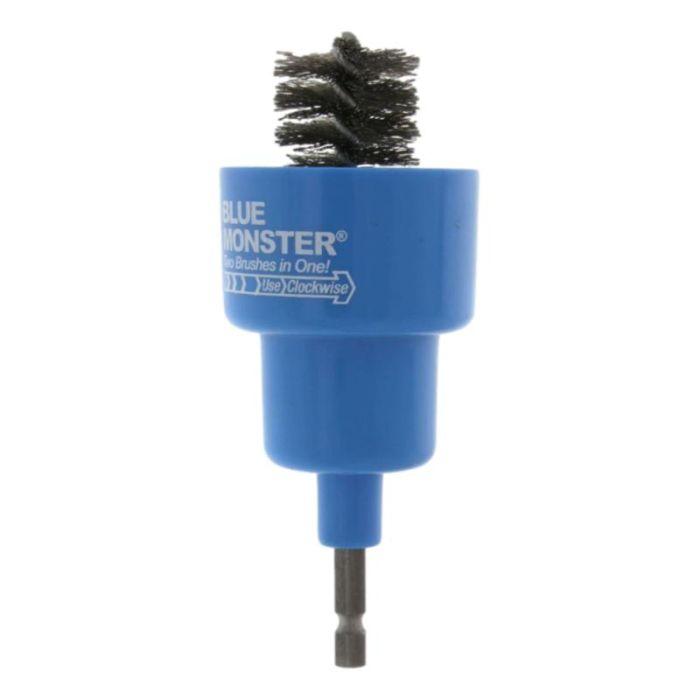 Blue Monster wire brush with dark bristles on top and drill bit shaft at bottom for cleaning fittings and tubing.