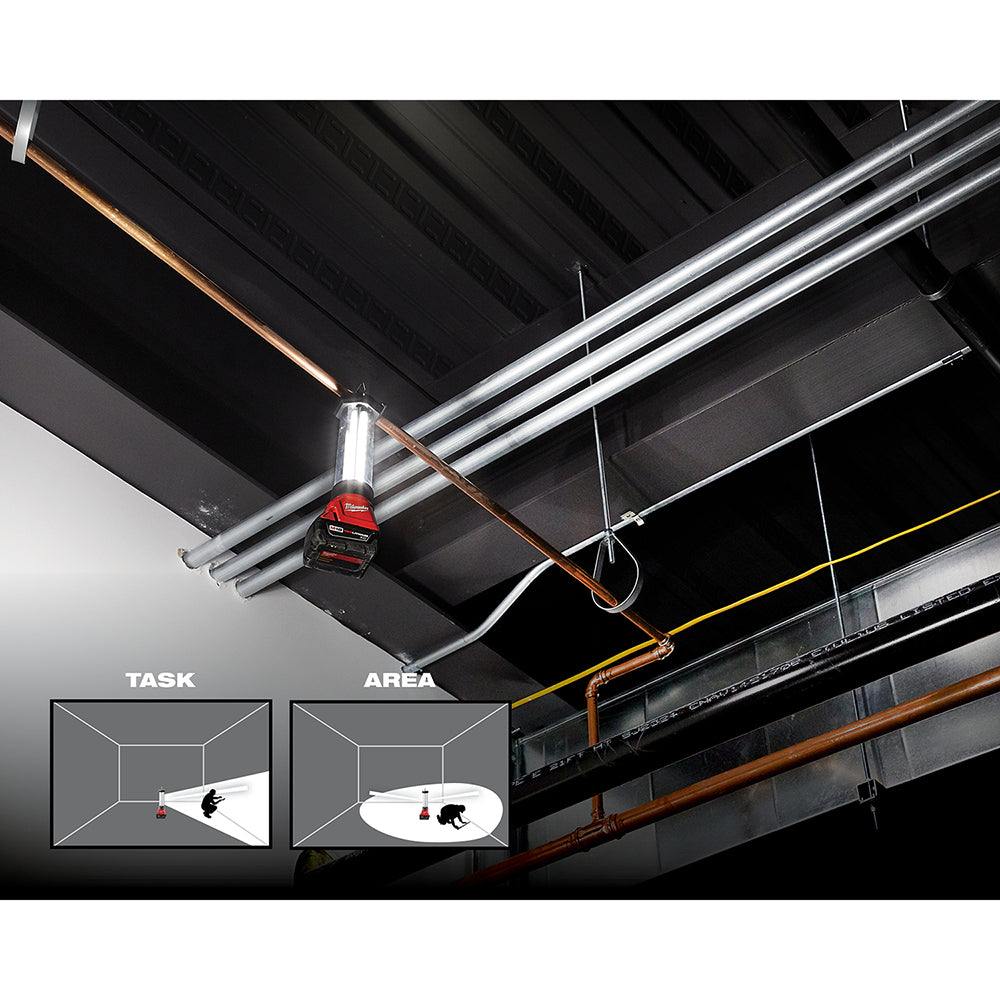 Milwaukee M18 LED lantern with red and black body suspended from ceiling in industrial workspace with lighting diagrams below
