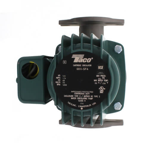 Taco 0011-SF4 stainless steel circulator pump with green cast iron housing, black label, and motor attachment on left side.
