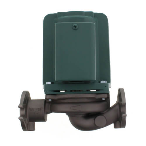 Taco stainless steel circulator pump with green motor housing and black pipe connections on white background.