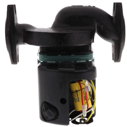 Black cast iron circulator pump with flanged connections, yellow motor housing, and exposed wiring visible on motor body.
