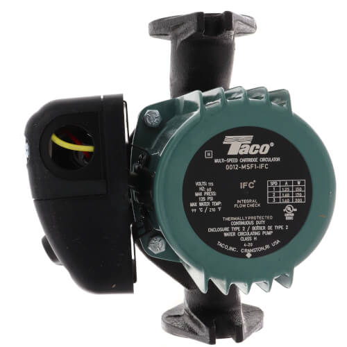 Cast iron circulator pump with green housing, black motor, and threaded connection ports on top and bottom.