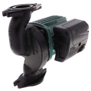 Cast iron circulator pump with black housing, green internal components, and black motor unit mounted on right side.