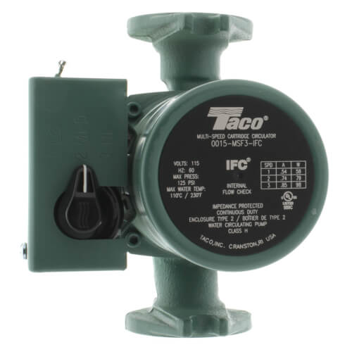 Taco cast iron circulator pump with three-speed motor, integral flow check valve, and side-mounted electrical housing.
