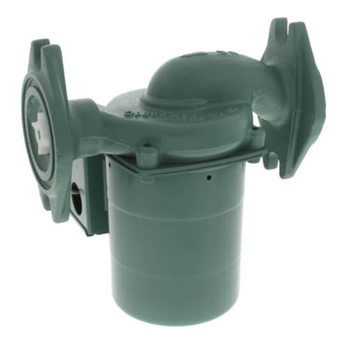 Green cast iron circulator pump with flanged connections on both sides and integral flow check valve.