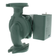 Cast iron circulator pump with integral flow check and attached motor housing in green color.