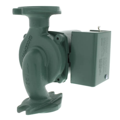 Cast iron circulator pump with integral flow check and attached motor housing in green color.