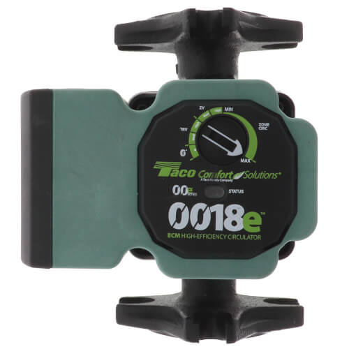 Taco 0018e-2F4 circulating pump with green and black body, black valve handles, and digital display showing settings.