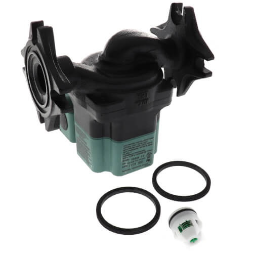 Taco ECM circulating pump with black housing, teal base, two rubber gaskets, and white connector displayed against white back