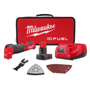 Milwaukee M12 FUEL oscillating multi-tool kit with red carry case, battery, charger, triangular sanding pad, blade attachment