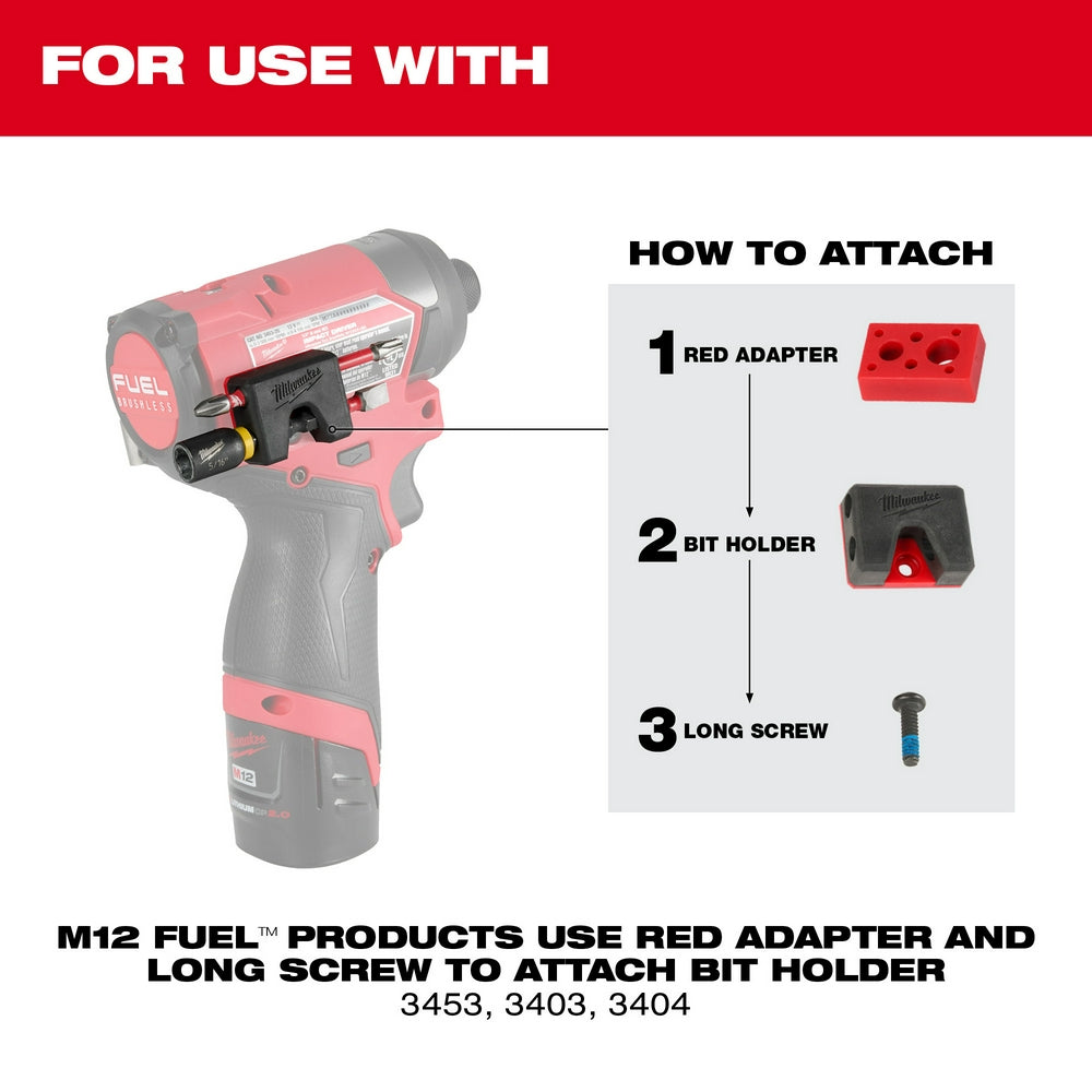 Black and gray Milwaukee bit holder accessory with red attachment adapter and mounting screw shown.