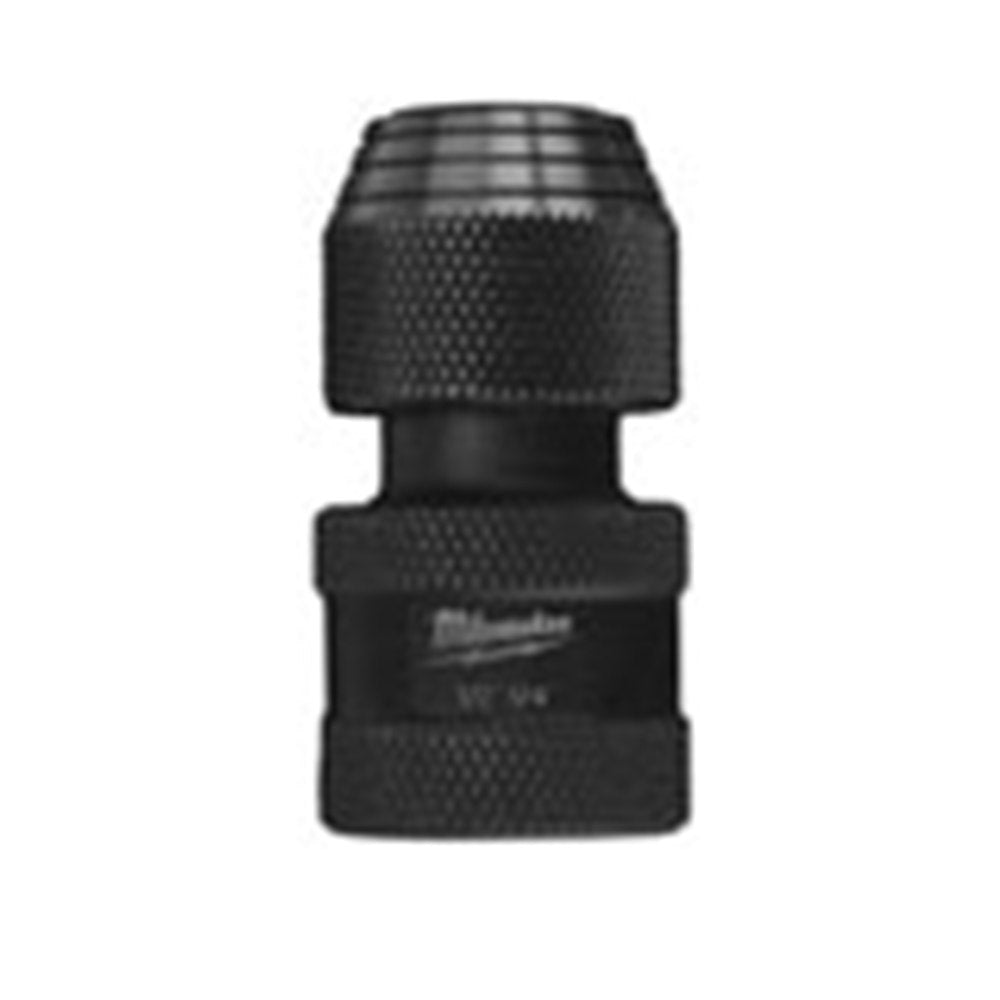Black Milwaukee Shockwave adapter with textured grip, 1/2 inch square drive at top and 1/4 inch hex drive at bottom.