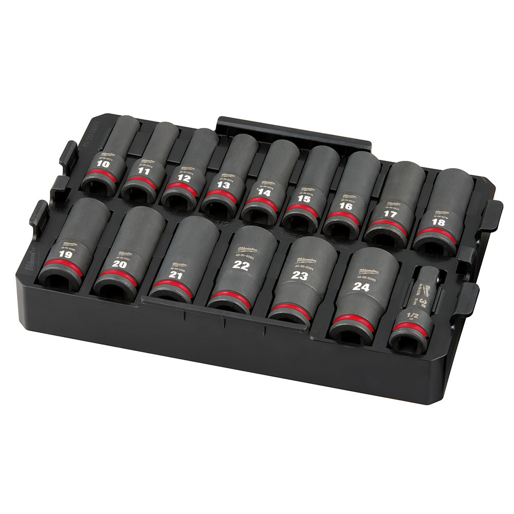 Sixteen metric sockets ranging from 10mm to 24mm in black plastic tray with red accent bands.