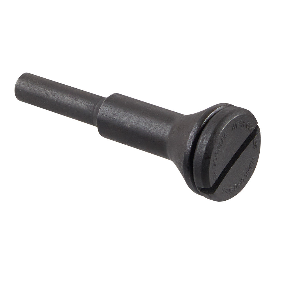 Black metal 1/4" arbor cut off wheel adapter with cylindrical shaft and flanged end for mounting cutting wheels.