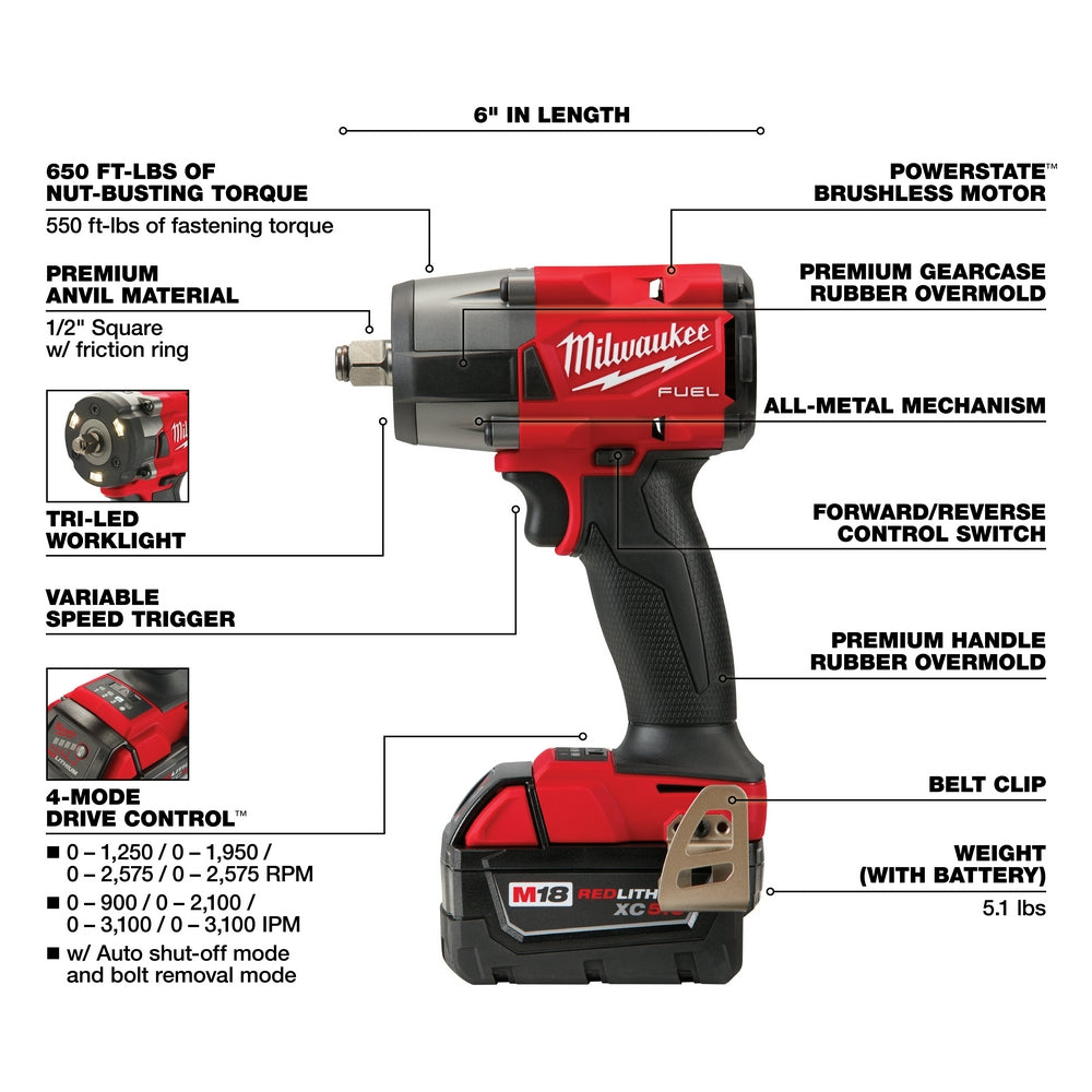 Red and black Milwaukee M18 FUEL 1/2" mid-torque impact wrench with friction ring, battery, and labeled features.