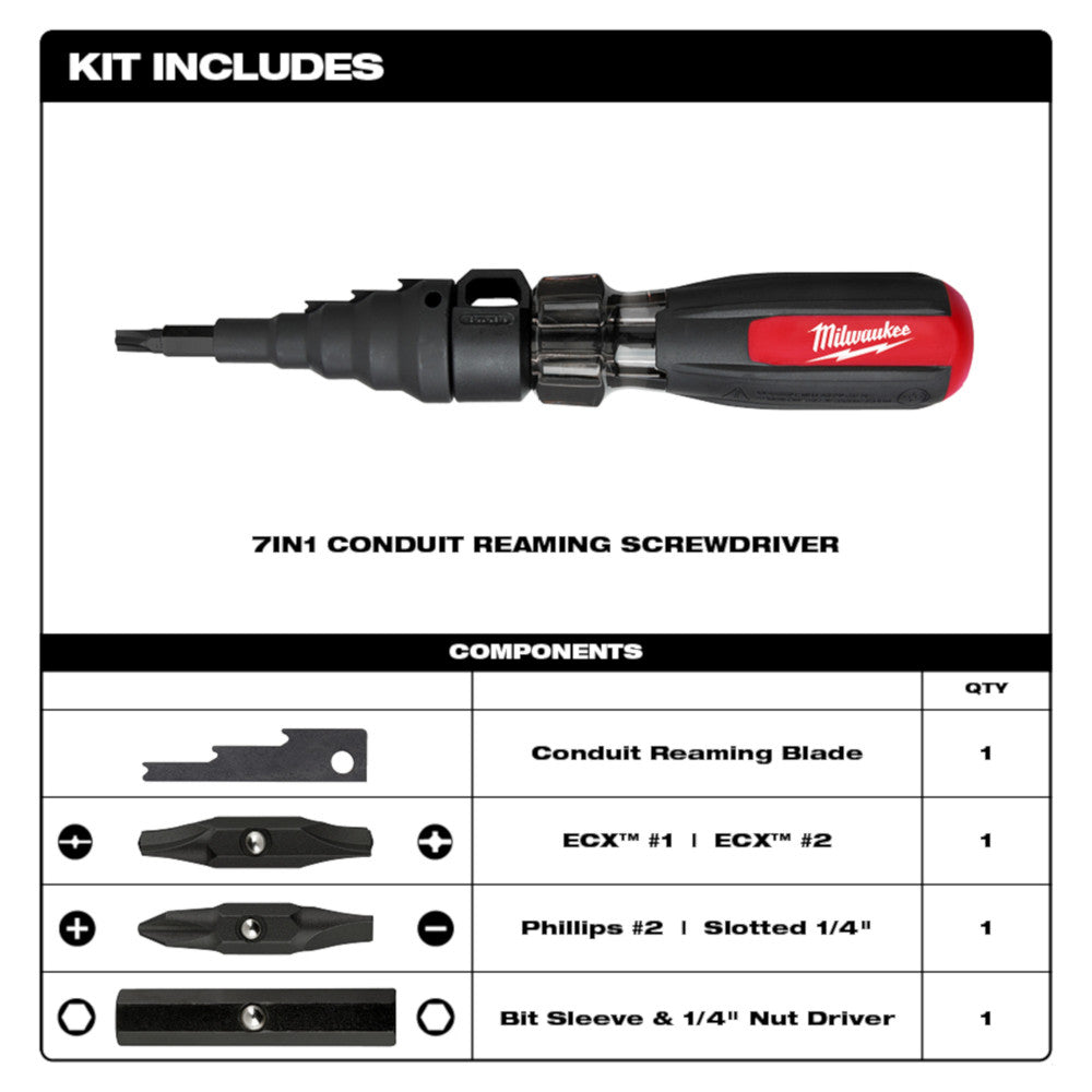 Milwaukee 7-in-1 conduit reaming screwdriver with red and black handle, showing interchangeable bits and blade components.