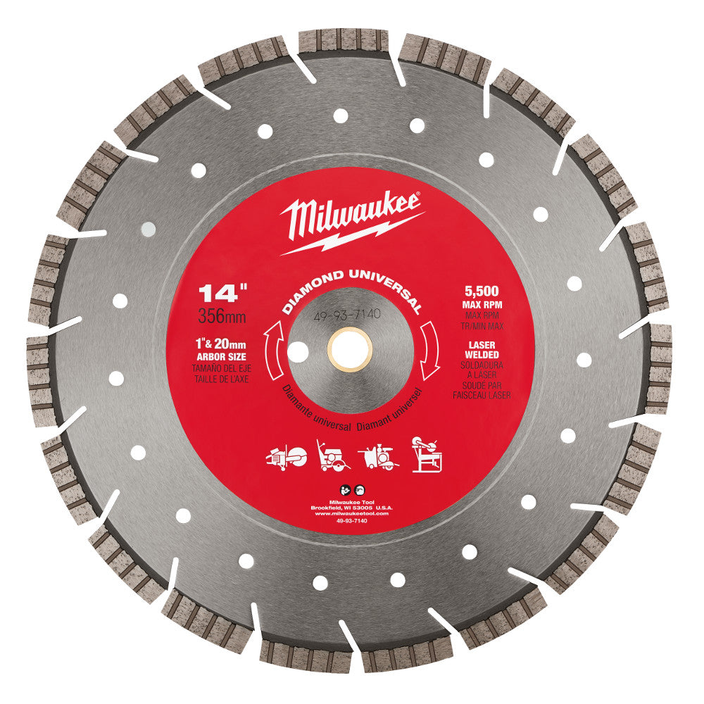 14-inch Milwaukee diamond saw blade with segmented turbo rim, laser-welded center, and white cooling holes around gray metal 