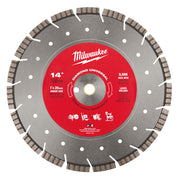 14-inch Milwaukee diamond saw blade with segmented turbo rim, laser-welded center, and white cooling holes around gray metal 