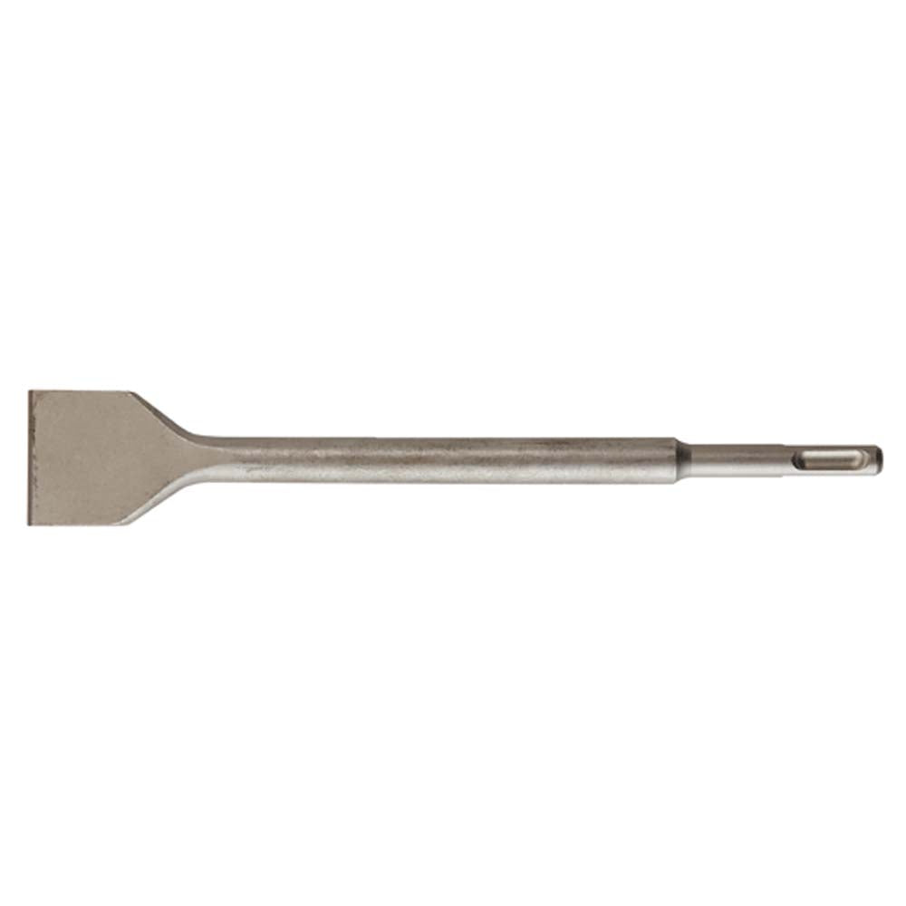 Steel scaling chisel with flat blade head and SDS Plus shaft for pneumatic hammers.