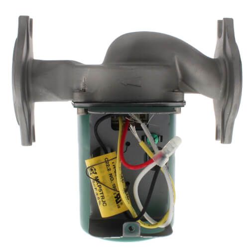 Stainless steel circulating pump with gray flanged ports on each side and visible motor housing with colored electrical wires