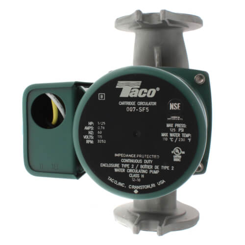 Taco 007-SF5 stainless steel circulating pump with green motor housing and black label plate, flanged connections top and bot