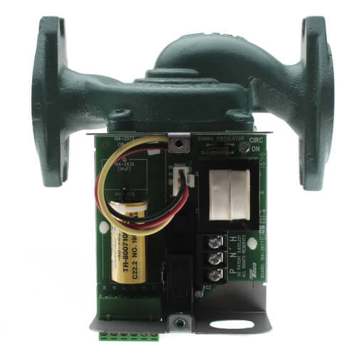 Cast iron circulating pump with flanged connections, internal motor and circuit board visible from rear view.