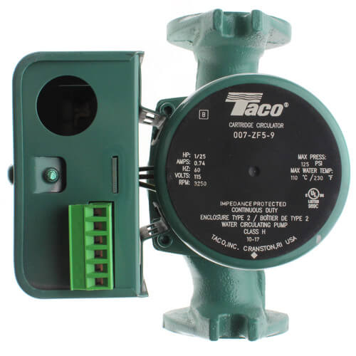 Green cast iron circulating pump with attached control module featuring green terminal block and power cord.