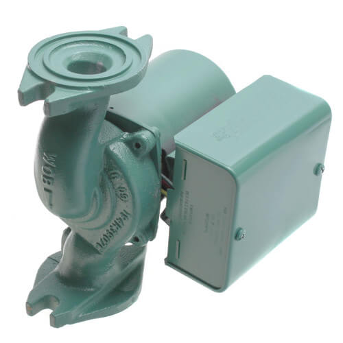 Cast iron circulating pump with integral motor and gray control box mounted on side.