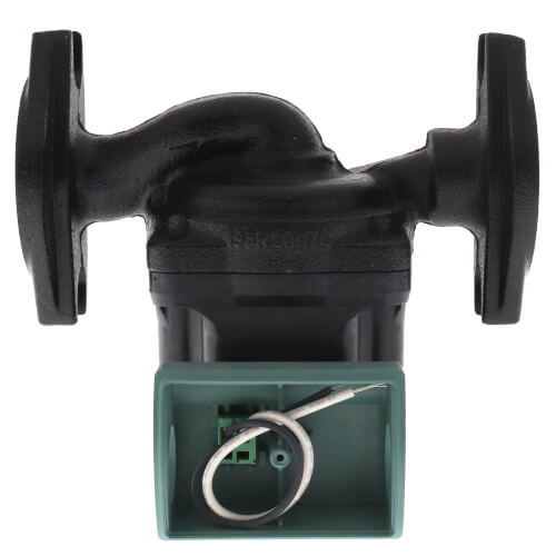 Black cast iron circulator pump with flanged connections on both sides and teal-green motor housing with electrical cord at b