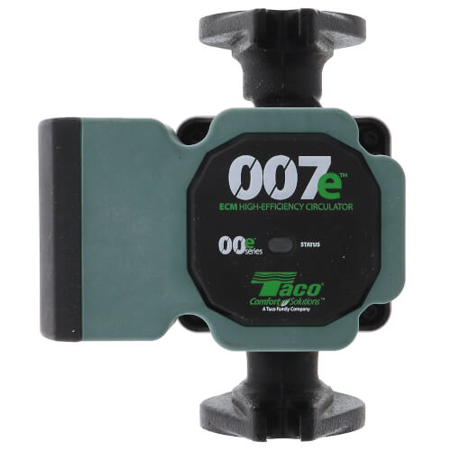 Taco 007e2 ECM high-efficiency circulator pump with teal body, black top and bottom ports, and control panel.