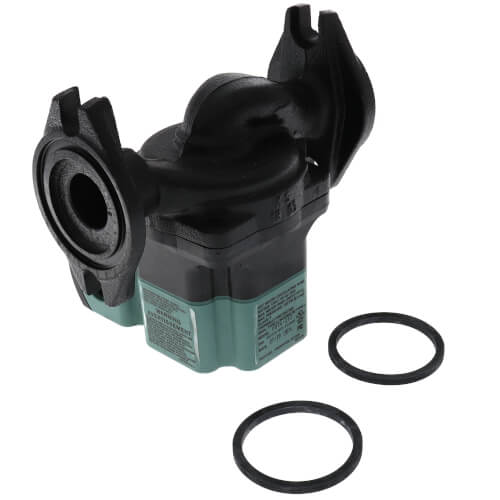 Taco 007E-2F2 circulator pump with black housing, teal motor base, and two rubber gasket rings.