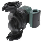 Black and green cast iron circulator pump with threaded ports and green motor housing on side.