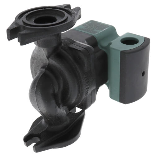 Black and green cast iron circulator pump with threaded ports and green motor housing on side.