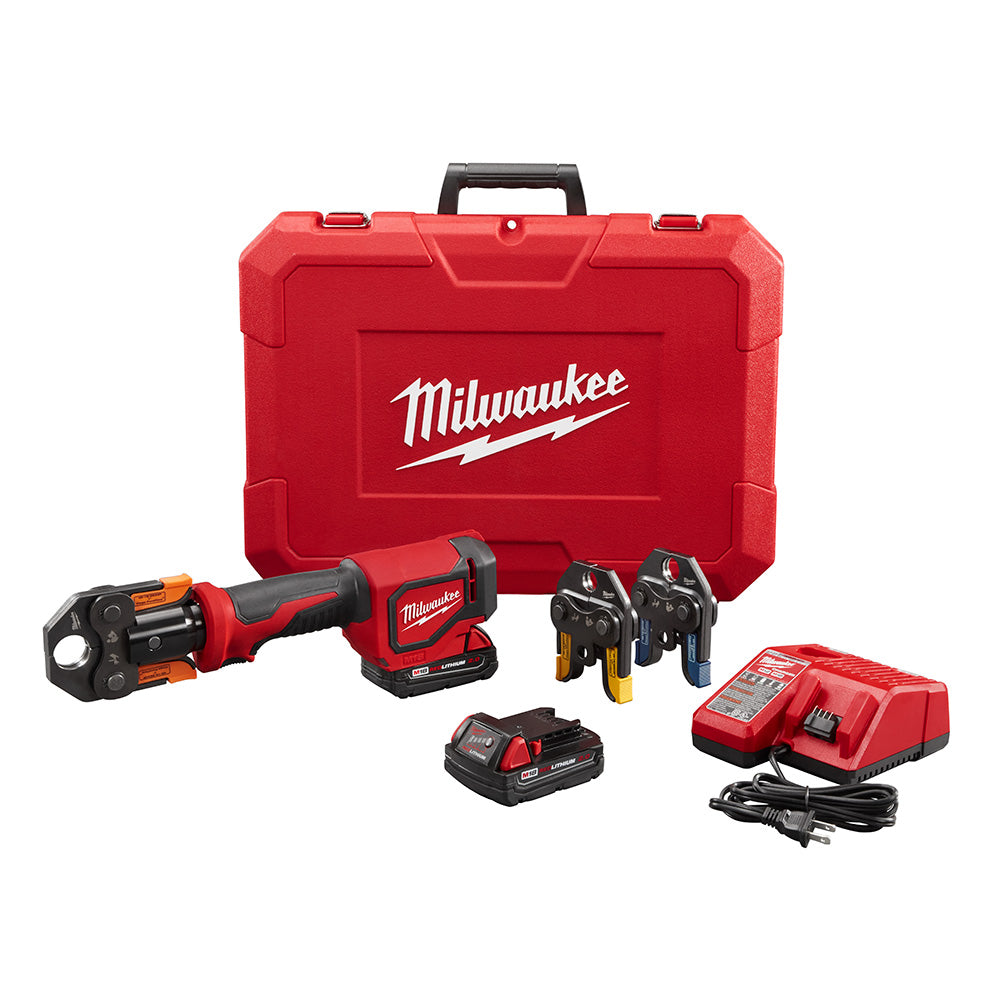 Milwaukee M18 press tool kit with red carrying case, press tool, jaw set, battery, and charger.