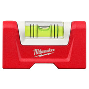 Red Milwaukee pocket level with yellow spirit bubble and white stripe across top.