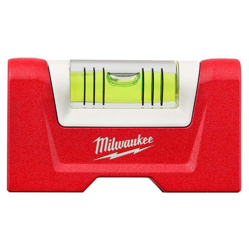 Red Milwaukee pocket level with yellow spirit bubble and white stripe across top.
