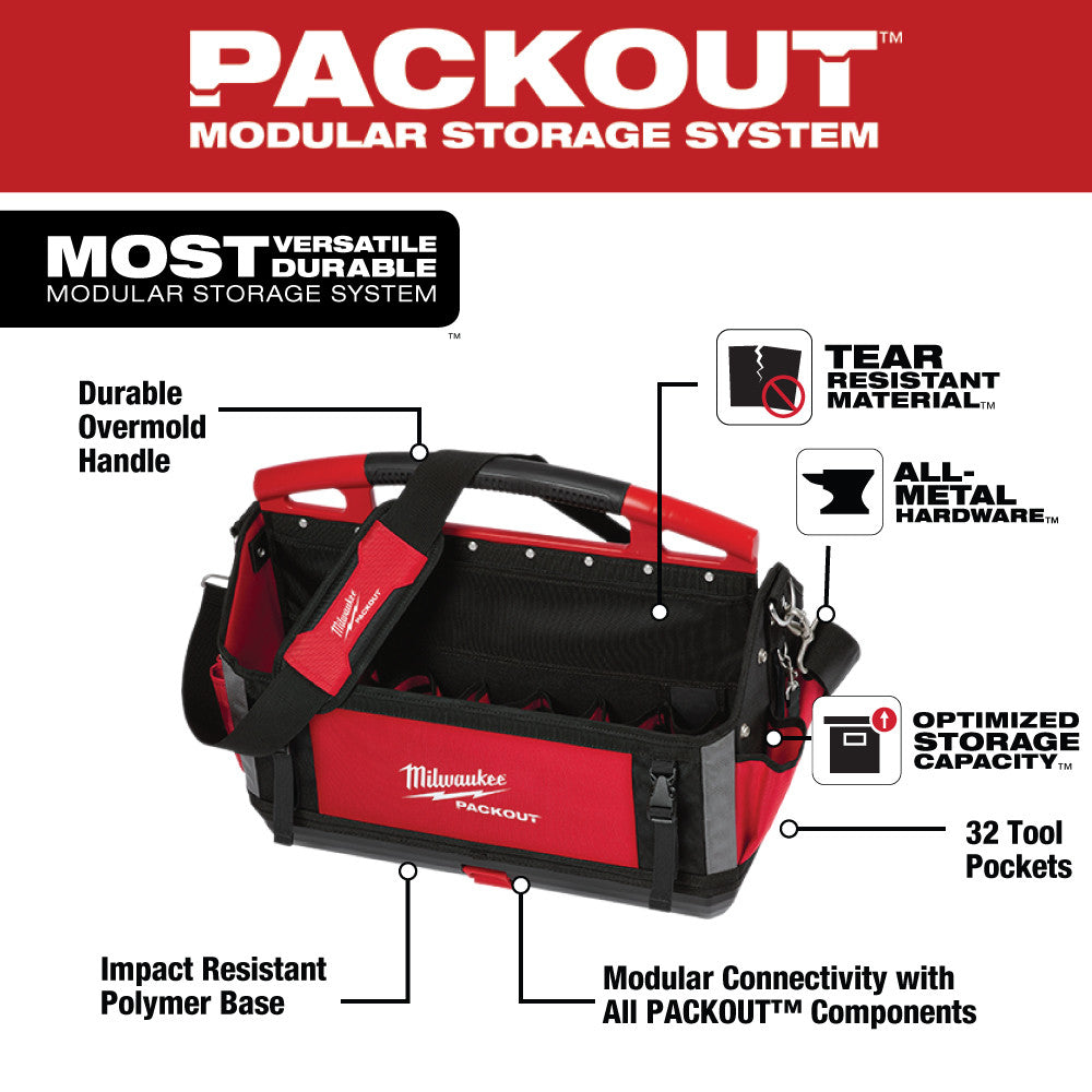 Milwaukee PACKOUT 20-inch tote with red and black color, tear-resistant material, metal hardware, and multiple storage pocket