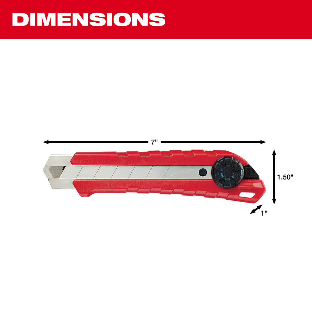 Red and gray snap-off utility knife with black rotary dial, 7 inches long by 1.5 inches tall.