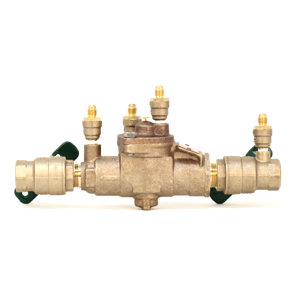 Brass reduced pressure backflow preventer with 1/2 inch connections, four ports, and green isolation ball valves.