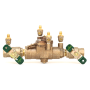 Brass backflow preventer with green valve handles on both sides and four brass test ports on top.