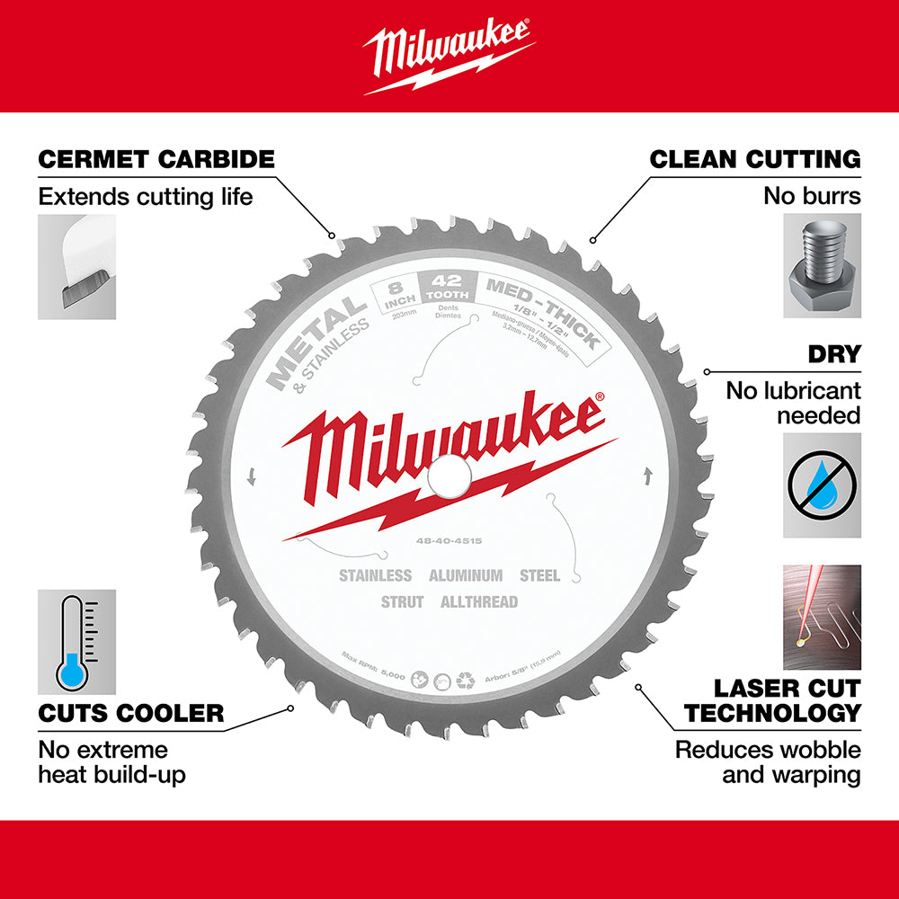 Milwaukee 8-inch circular saw blade with 42 carbide-tipped teeth for dry cutting stainless steel, aluminum, and steel.