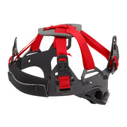 Red and black ratcheting suspension with gray padding, red straps, and black side clips on black base frame.