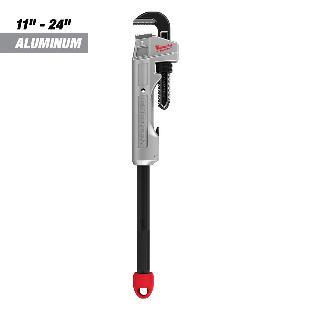 Milwaukee aluminum pipe wrench with adjustable head, 11"-24" capacity, black handle with red grip end.