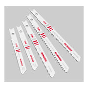 Five Milwaukee jig saw blades with varying tooth patterns and sizes arranged in a row.