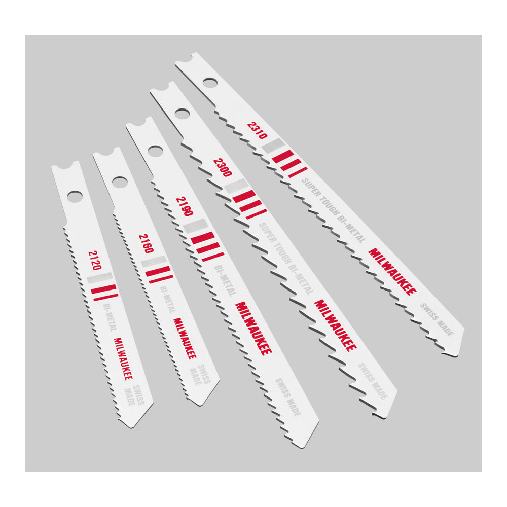 Five Milwaukee jig saw blades with varying tooth patterns and sizes arranged in a row.