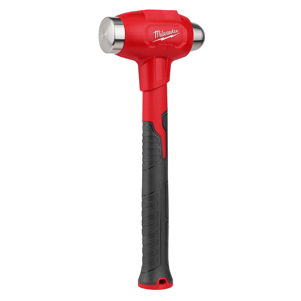 Red and black Milwaukee dead blow hammer with dual metal heads and textured grip handle.