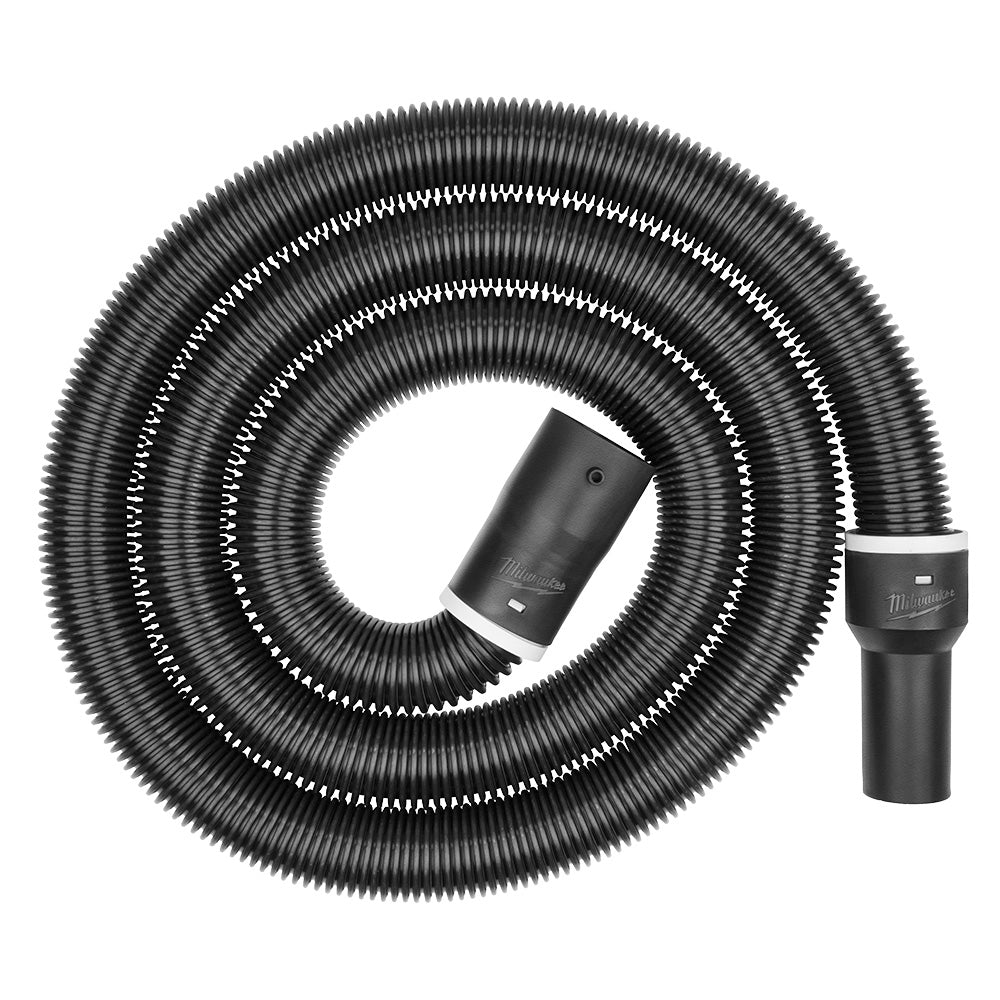 Black flexible hose coiled with connector and adapter attachment on white background.