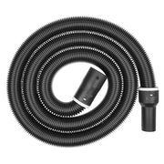 Black flexible hose coiled with connector and adapter attachment on white background.