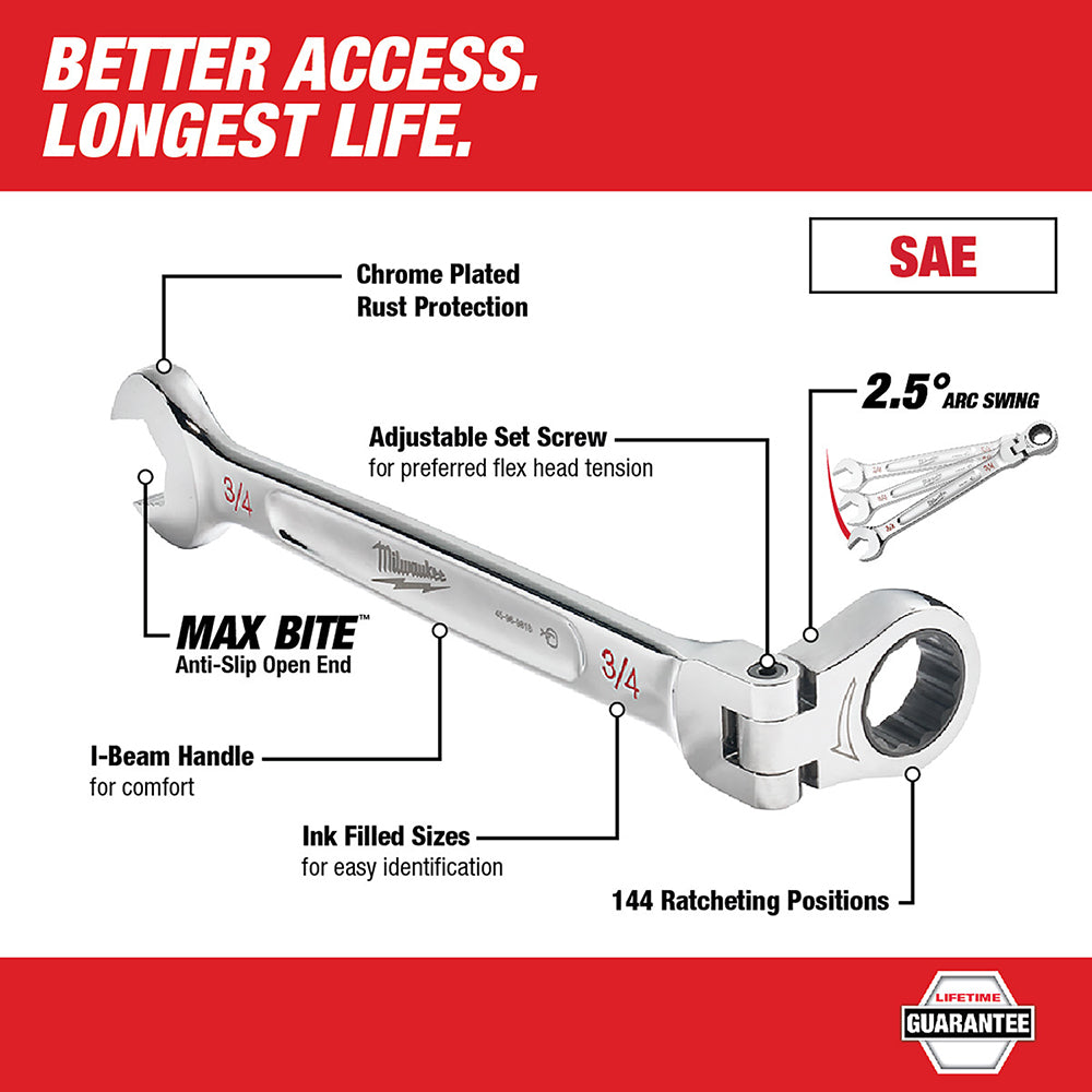 Seven SAE chrome-plated flex head ratcheting combination wrenches with labeled sizes, adjustable screw, and 144 ratcheting po